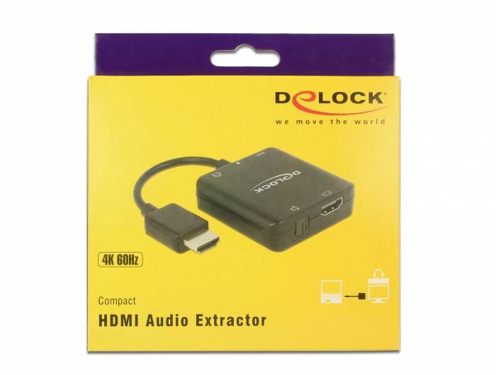 Ein HDMI-Audio-Extraktor von Delock auf gelbem Hintergrund. Produktbild zeigt das Gerät und Anschlusskabel. 4K 60Hz Unterstützung.