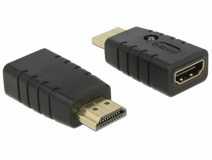 Zwei schwarze HDMI-Adapter: Links mit Stecker, rechts mit Buchse. Sie ermöglichen die Verbindung verschiedener HDMI-Geräte.
