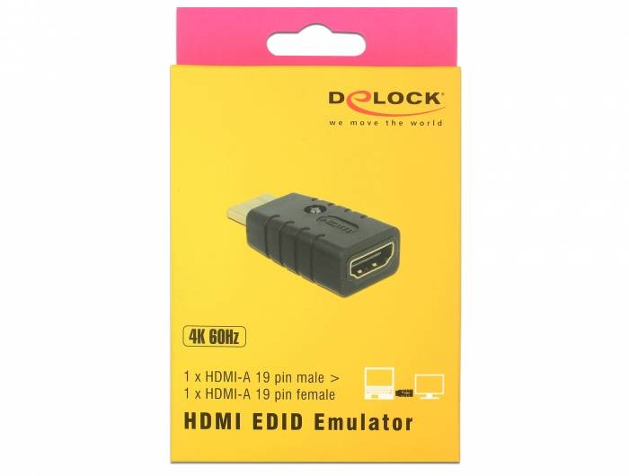Gelbe Verpackung eines HDMI EDID Emulators von Delock, unterstützt 4K 60Hz. Enthält einen HDMI-A Stecker auf HDMI-A Buchse Adapter.
