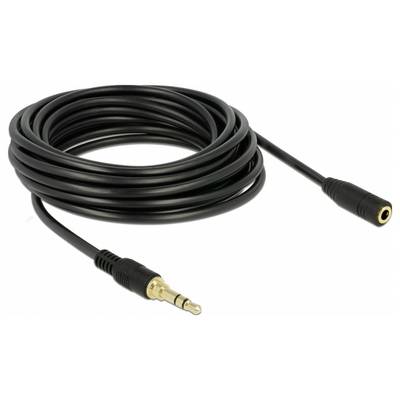 Ein schwarz ummanteltes Audiokabel mit 3,5-mm-Stecker und Buchse, aufgerollt und bereit zur Nutzung.