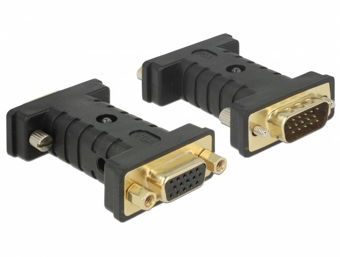 'Ein VGA-zu-DVI-Adapter-Paar mit schwarzen Kunststoffgehäusen und goldfarbenen Anschlüssen, das analoge zu digitale Signale umwandelt.'