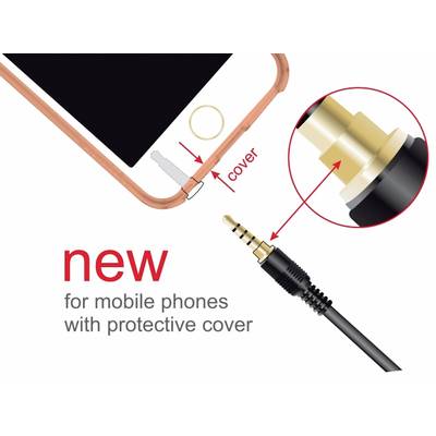 Nahaufnahme eines Handy-Audioanschlusses mit neuem Adapterdesign, das mit Schutzhüllen kompatibel ist. Diagramm zeigt, wie Adapter angeschlossen wird.