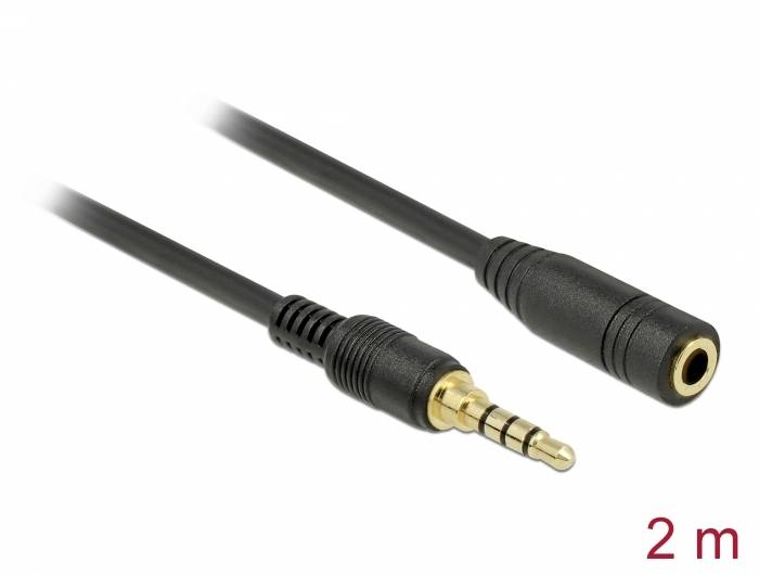 Schwarzes 3,5 mm Klinkenkabel, 2 m lang. Links Stecker mit goldener Spitze, rechts Kupplung. Verwendbar für Audioanschlüsse.