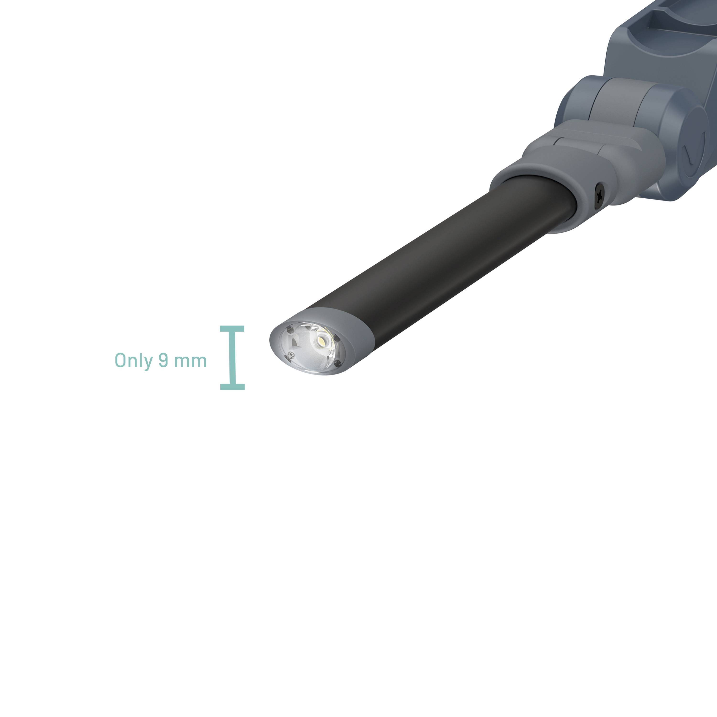 Ein schlanker, 9 mm langer zylindrischer Sensor zeigt seine geringe Größe. Text daneben: 'Only 9 mm'.