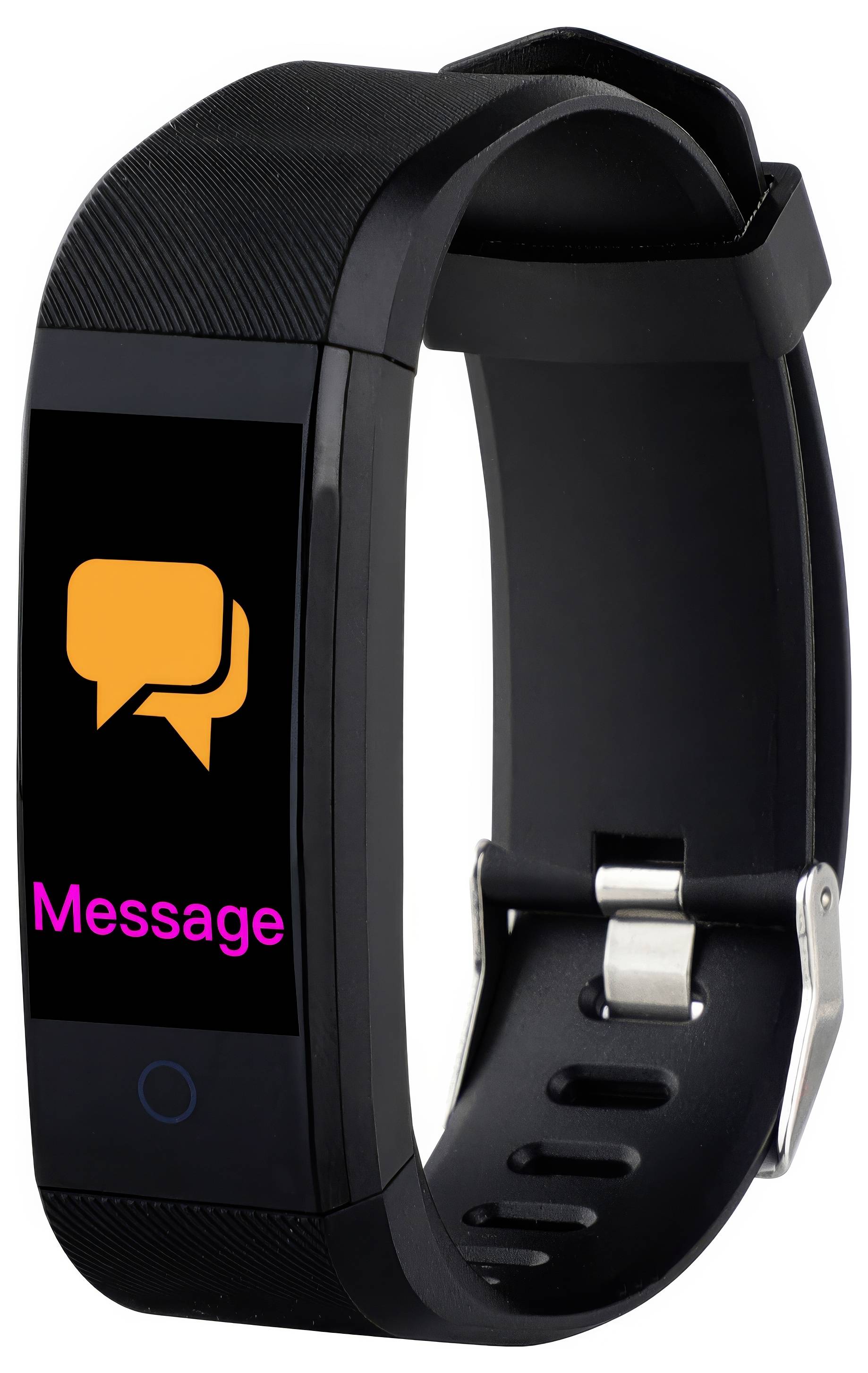 Eine schwarze Smartwatch mit einer Nachrichtensymbolanzeige und dem Wort 'Message' in pink auf dem Bildschirm.