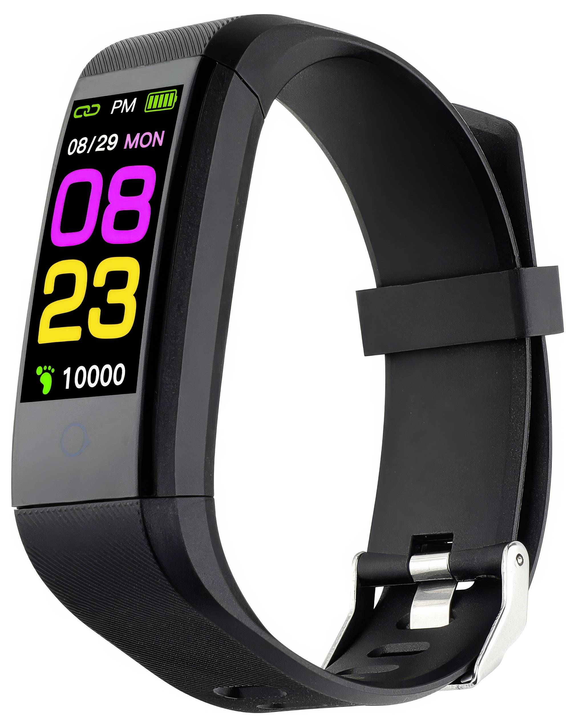 Schwarze Smartwatch mit farbigem Display zeigt Zeit '08:23', Datum '08/29 MON' und Schritte '10000' an.