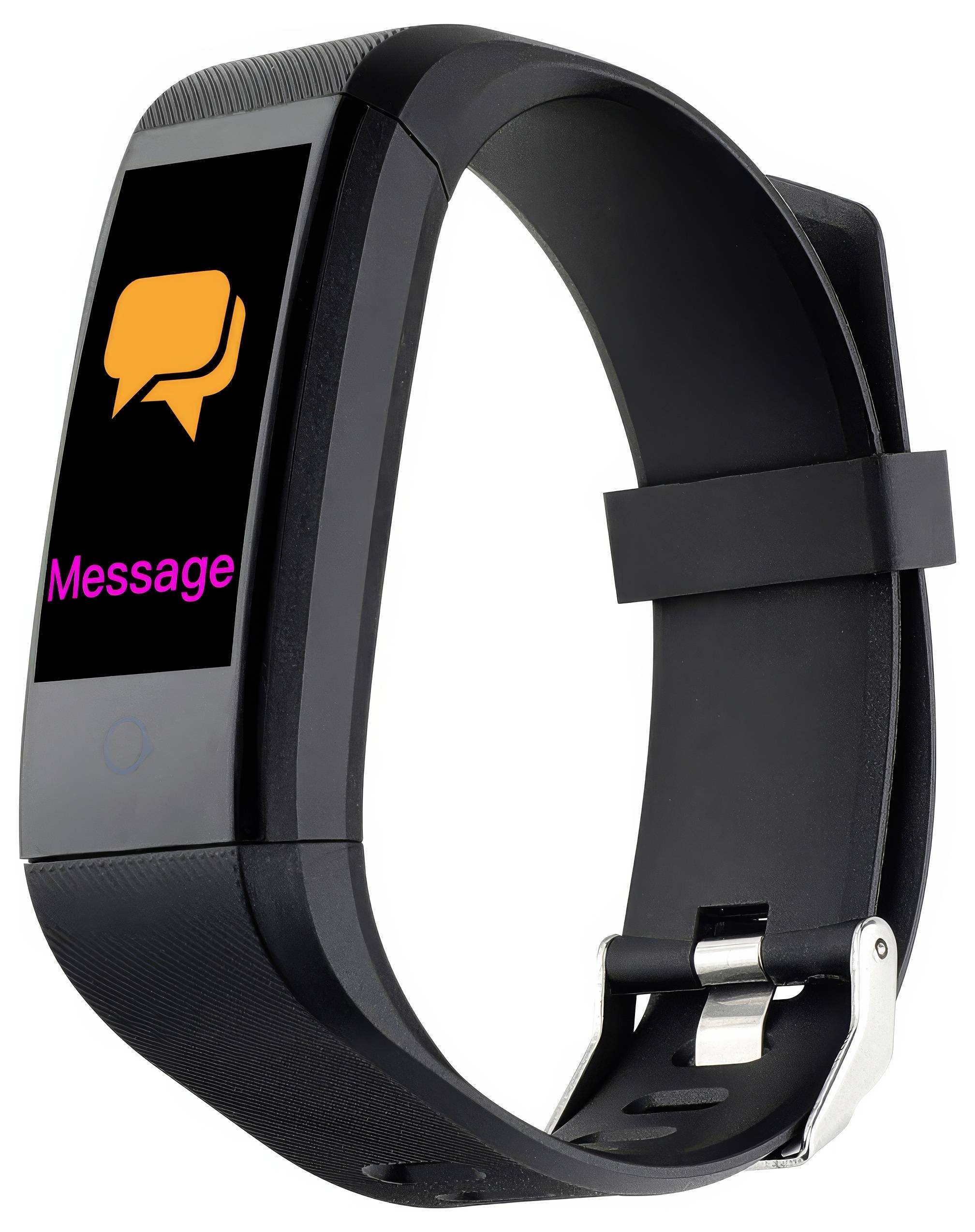 Ein Fitnessarmband mit einer Nachrichtensymbolanzeige auf dem Bildschirm. Der Bildschirm zeigt eine Sprechblase und das Wort 'Message'.