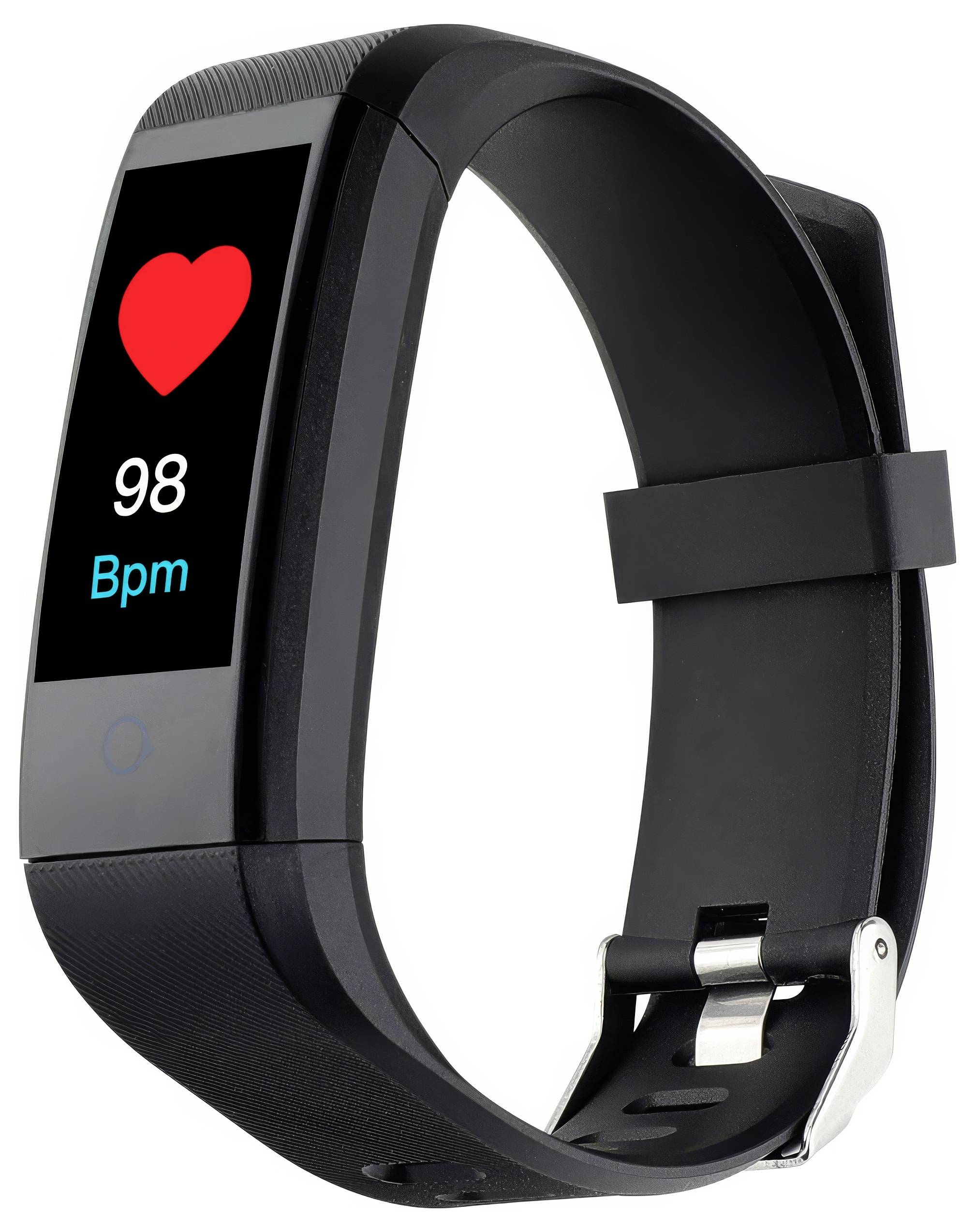 Smartwatch mit schwarzem Armband, zeigt Herzfrequenz von 98 bpm auf digitalem Display mit rotem Herzsymbol.