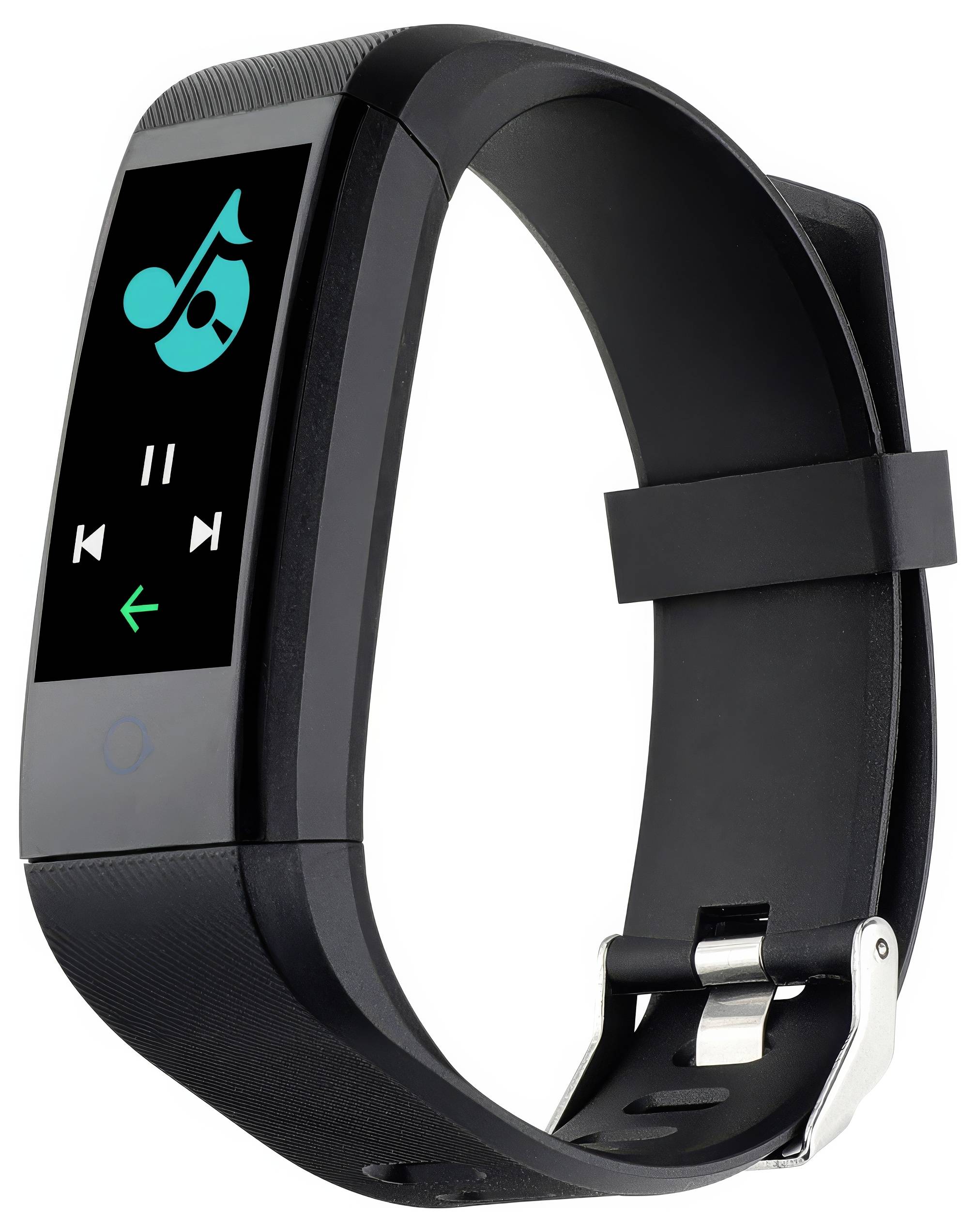 Schwarzes Fitness-Armband mit Musik-Player auf dem Display, zeigt Wiedergabesymbol und Vor-/Zurück-Tasten an.