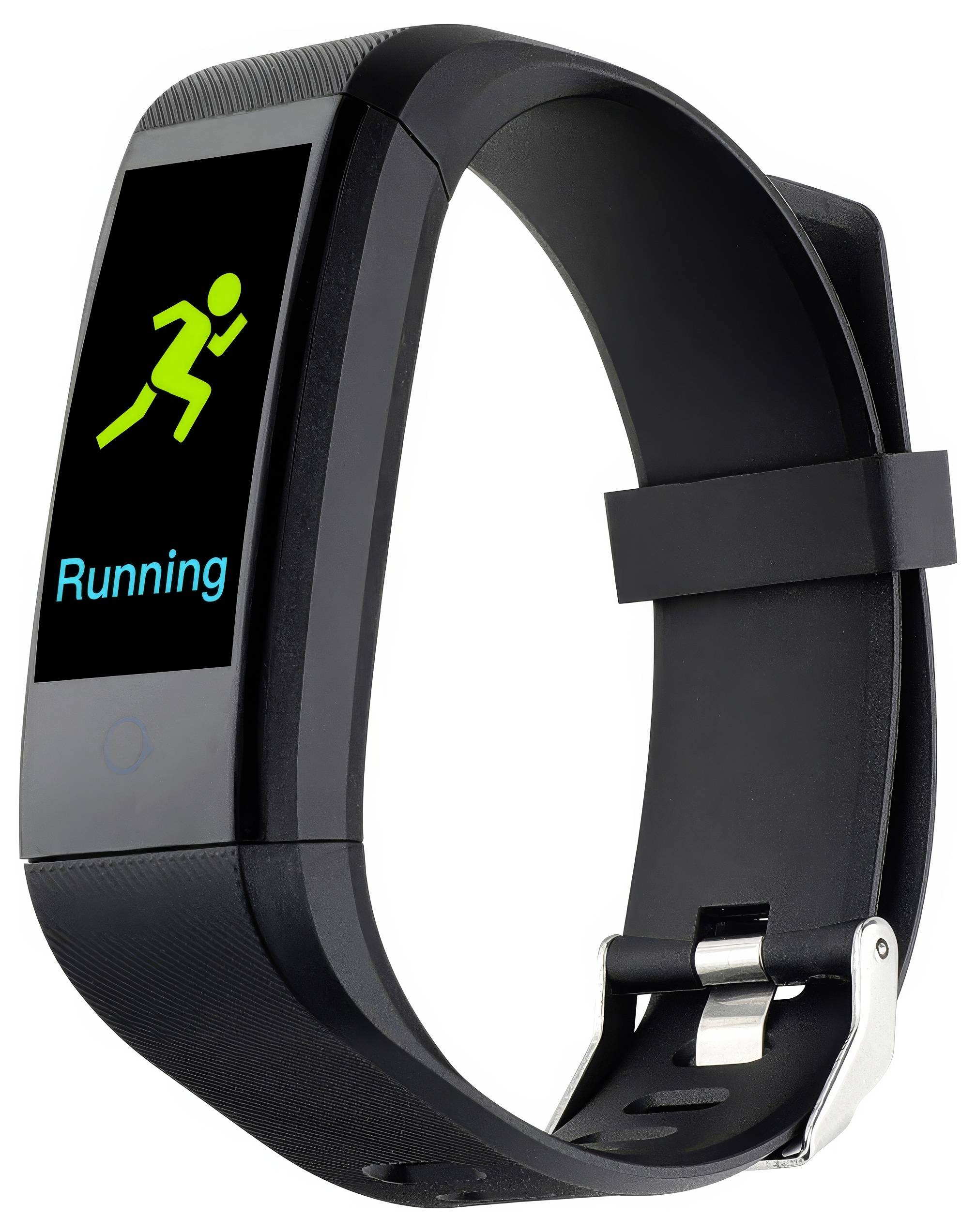 Schwarzes Fitnessarmband mit Display, das einen grünen Icon einer laufenden Person und das Wort 'Running' zeigt.