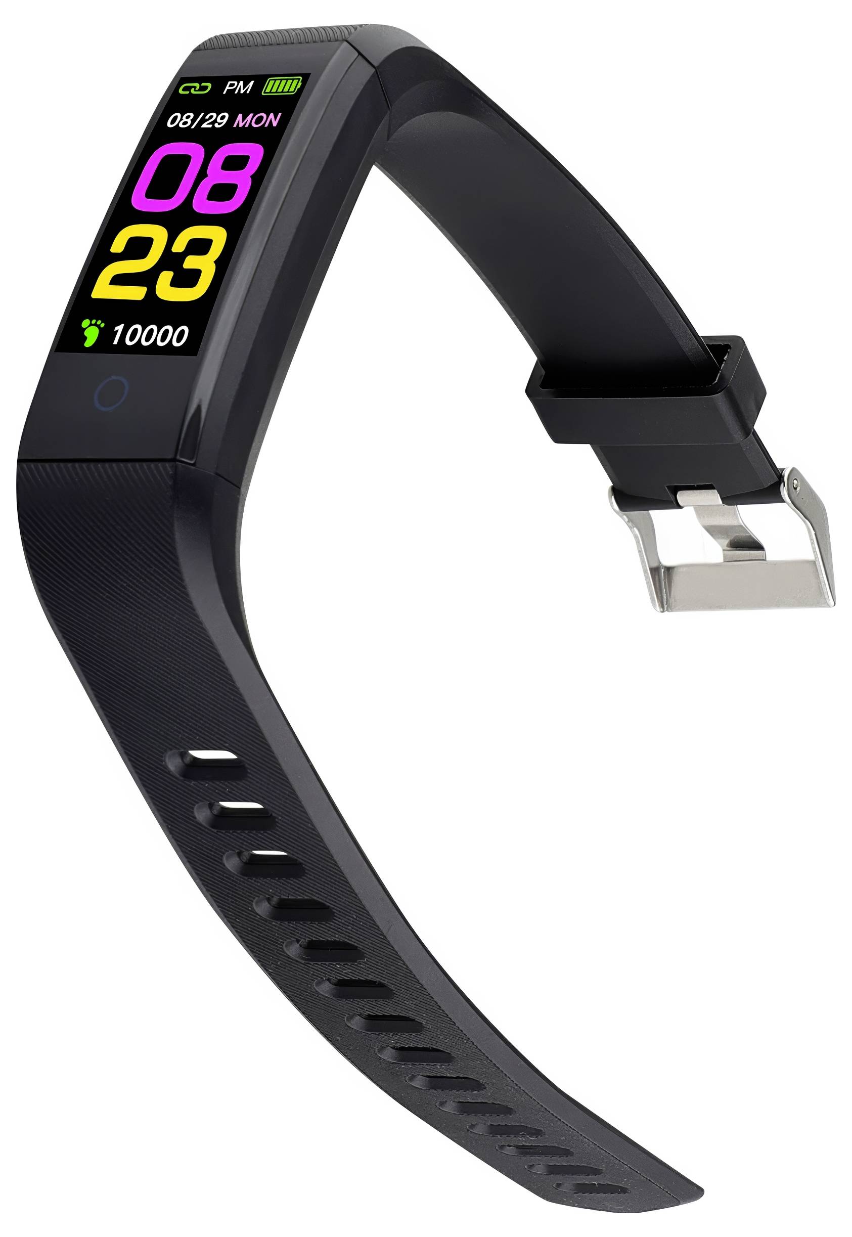 Schwarze Smartwatch mit Uhrzeit '08:23', Datum '08/29 MON', Schrittzähler '10000', bunten Zahlen und Armband.