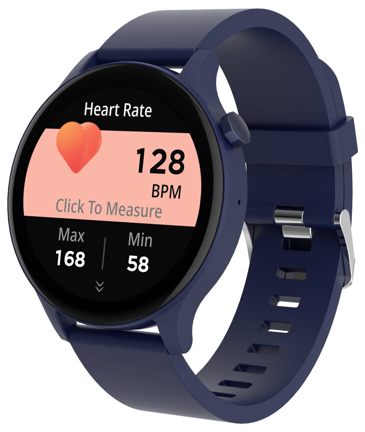Eine blaue Smartwatch zeigt die Herzfrequenz an: 128 BPM. Maximalwert 168, Minimalwert 58. Auf dem Display ein Herzsymbol.