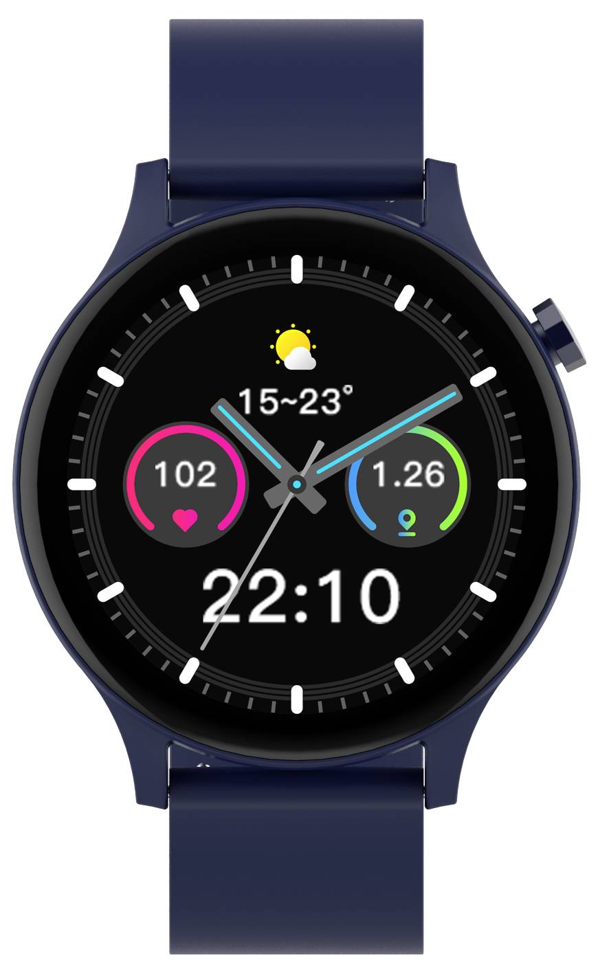 Eine Smartwatch mit rundem Display zeigt Uhrzeit 22:10, Wetter- und Fitnessinformationen an: 15-23°C, 102 Herzfrequenz, 1,26 km.