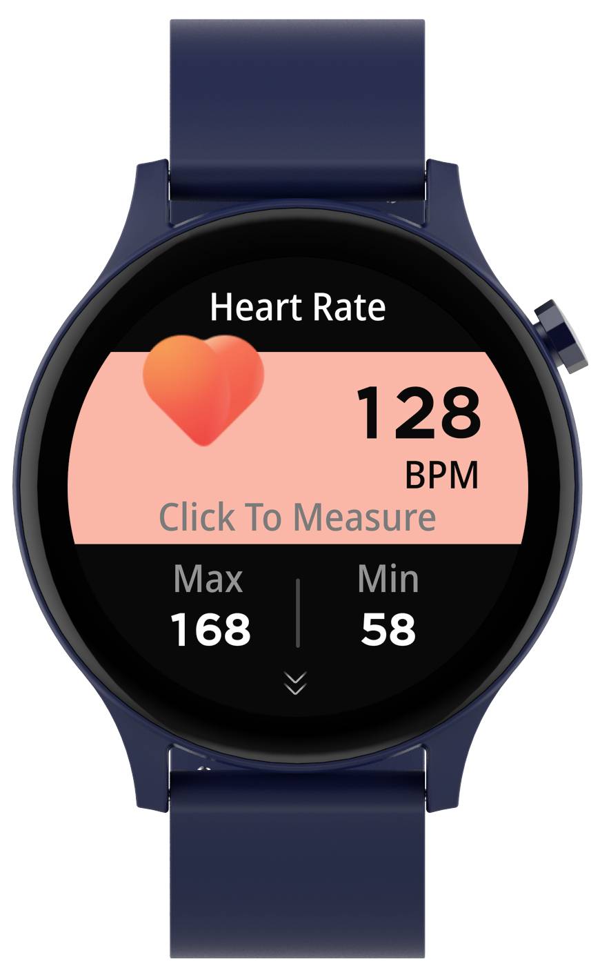 Smartwatch zeigt Herzfrequenz als 128 BPM an, mit Maximalwert von 168 und Minimalwert von 58. Herzsymbol und Text 'Click To Measure' sind sichtbar.