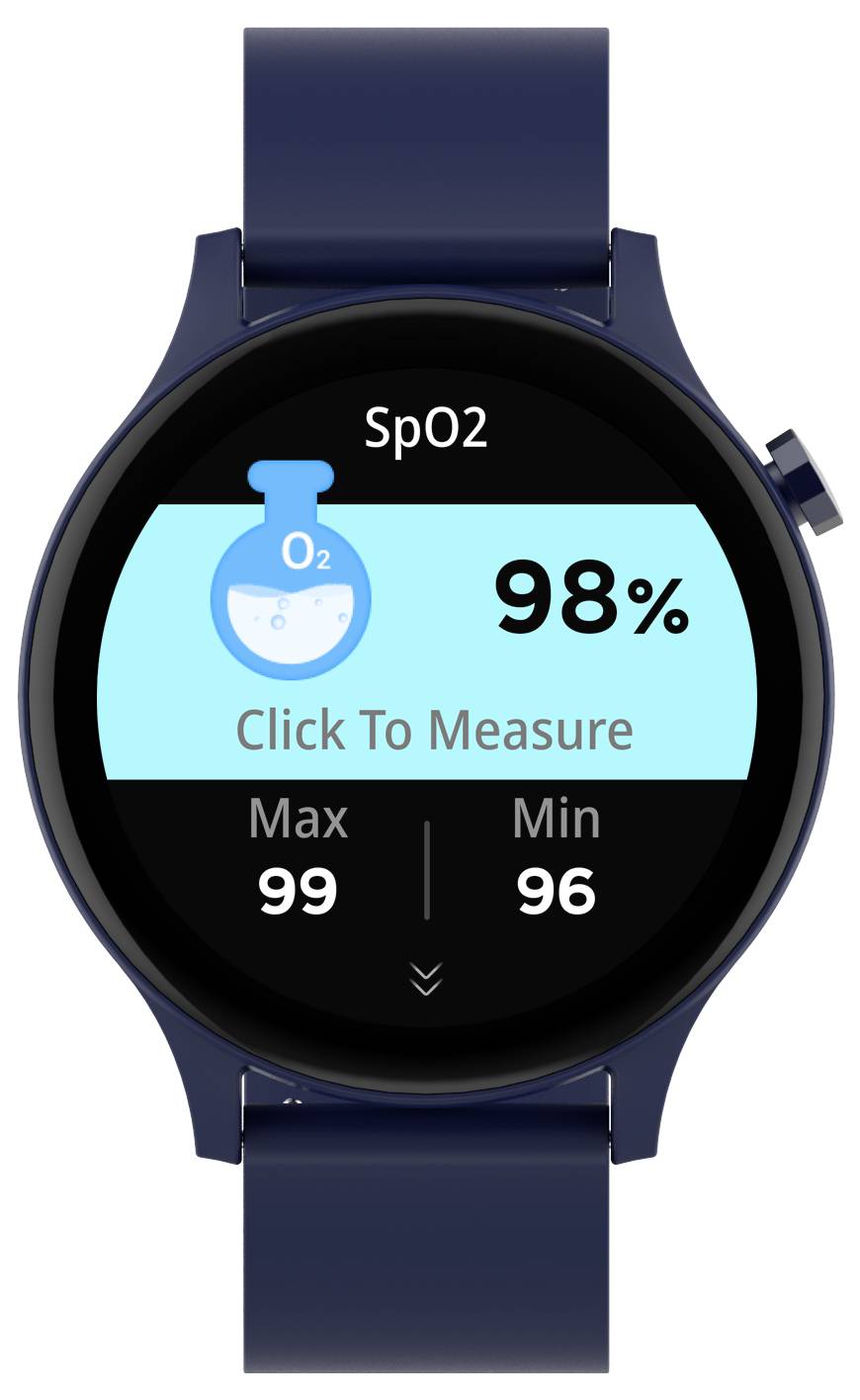 Smartwatch mit SpO2-Anzeige, zeigt Sauerstoffsättigung von 98%. Knopf 'Klicken um zu messen'. Max 99%, Min 96%.