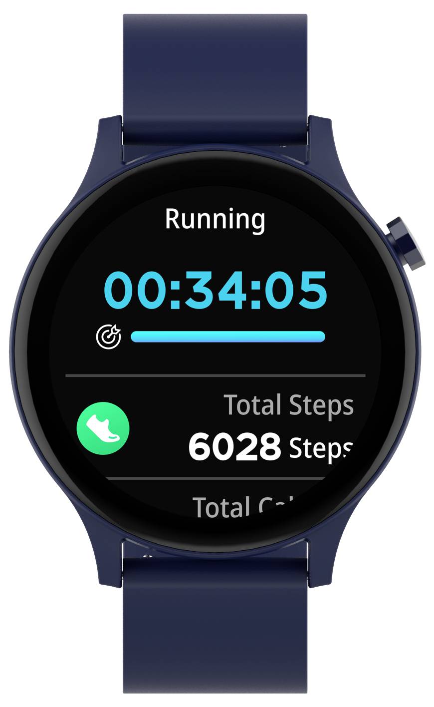 Eine digitale Sportuhr zeigt eine Laufzeit von 34 Minuten und 5 Sekunden und eine Schrittanzahl von 6028.