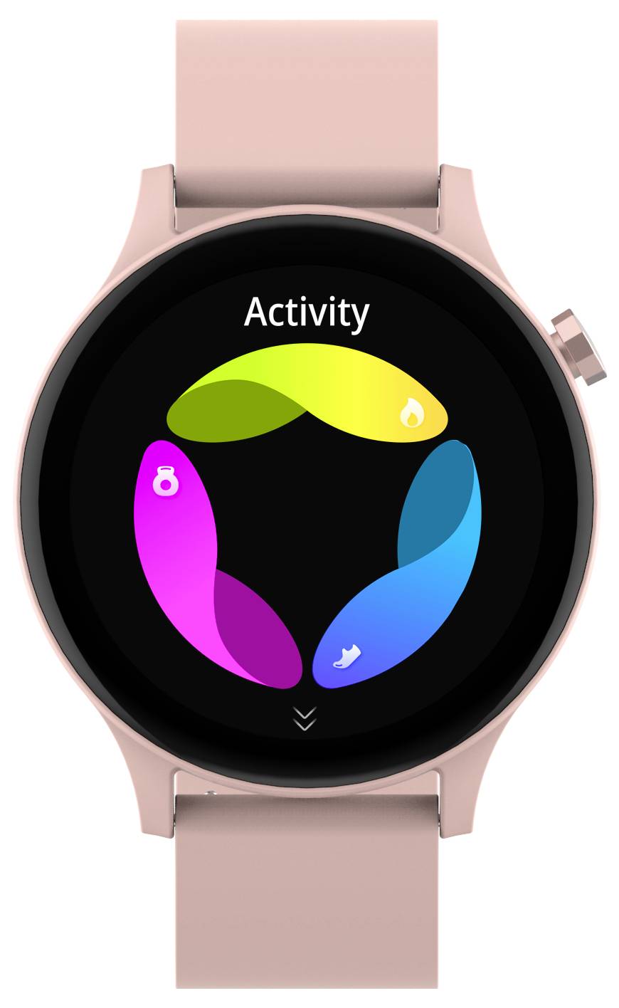 Smartwatch in Rosa zeigt Aktivitätsanzeige mit bunten Symbolen für Schritte, Herzfrequenz und Kalorien auf rundem Display.