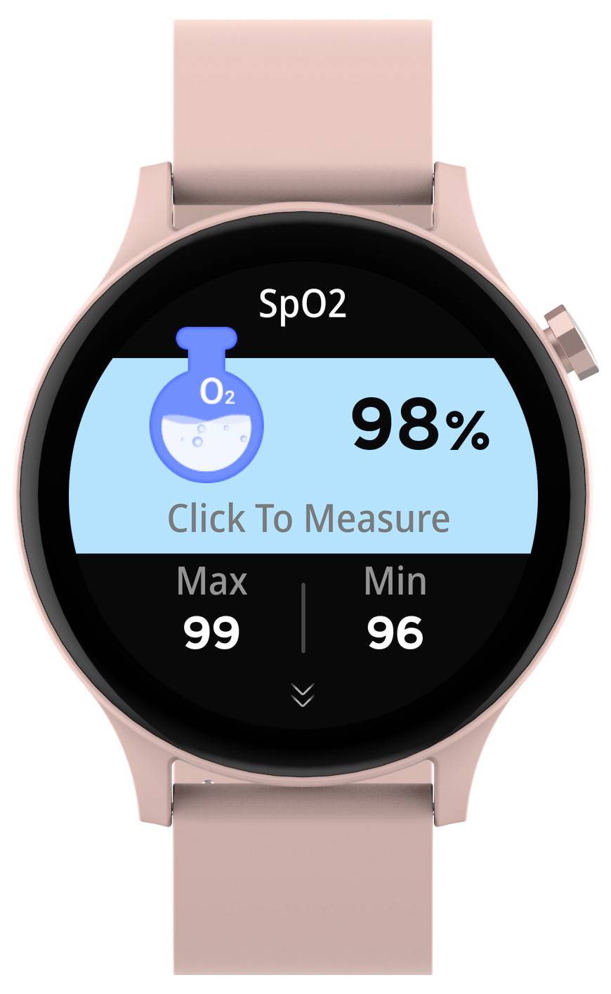 Eine rosafarbene Smartwatch zeigt den SpO2-Wert von 98% an. Darunter stehen 'Klicken zum Messen', Maximalwert 99, Minimalwert 96.