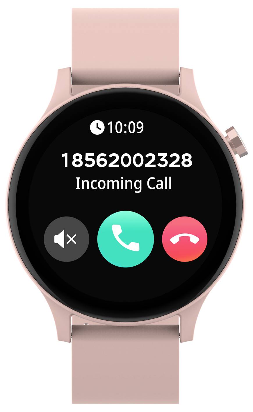 Smartwatch mit rosa Armband zeigt einen eingehenden Anruf an. Großes Display mit Uhrzeit 10:09, Rufnummer '18562002328' und Anruf-Annahmetasten.