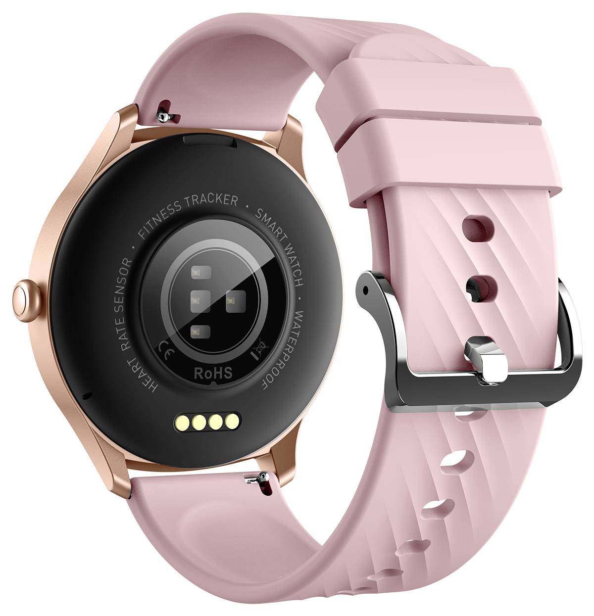 Eine Smartwatch mit rosa Armband und goldfarbenem Gehäuse, zeigt Sensoren auf der Rückseite zur Herzfrequenzmessung und Fitness-Tracking.