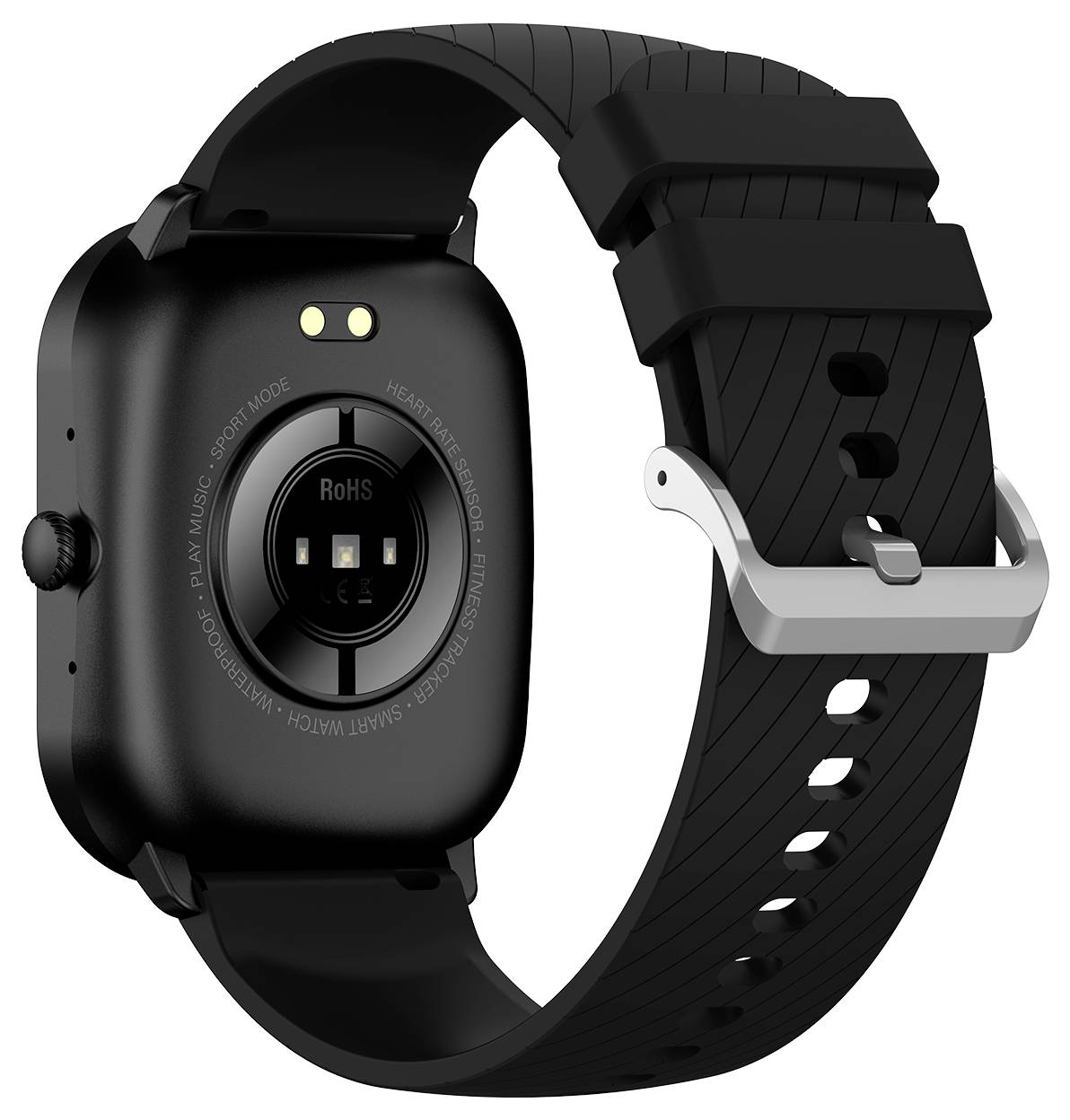 Schwarze Smartwatch mit quadratischem Gehäuse und Silikonarmband, Rückseite sichtbar mit Herzfrequenzsensor und Ladekontakten.