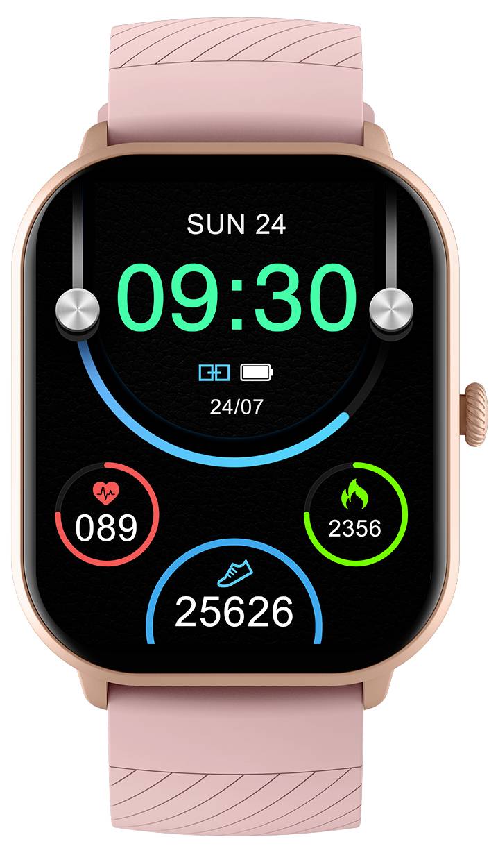 Smartwatch mit rosa Armband zeigt Datum 'Sonntag, 24', Uhrzeit '09:30', Herzfrequenz '89', Kalorien '2356' und Schritte '25626'.