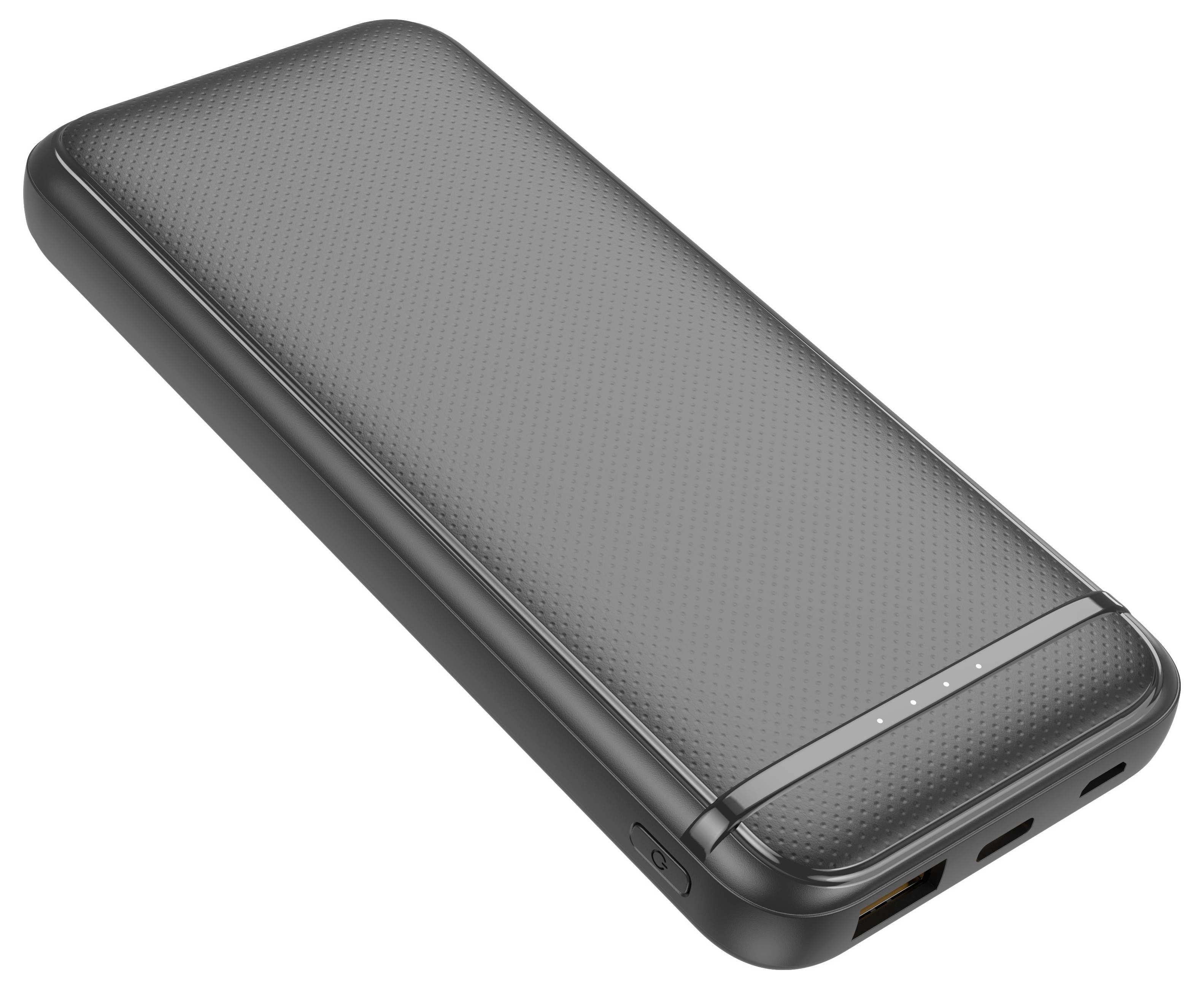 Schwarze Powerbank mit gebogenem Design, drei LED-Anzeigen auf der Oberseite. Enthält USB-Anschluss und USB-C-Anschluss an der Seite.