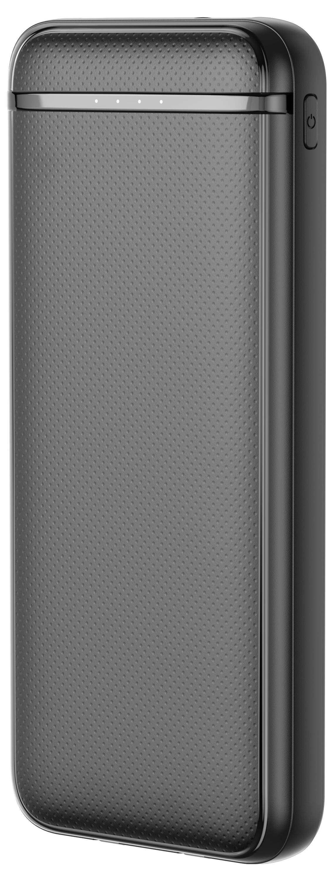 Schwarze Powerbank mit strukturiertem Gehäuse und vier LED-Anzeigen oben.