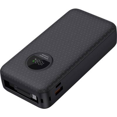 Eine schwarze Powerbank mit digitalem Display zeigt den Ladezustand an. Sie verfügt über mehrere Ladeanschlüsse.
