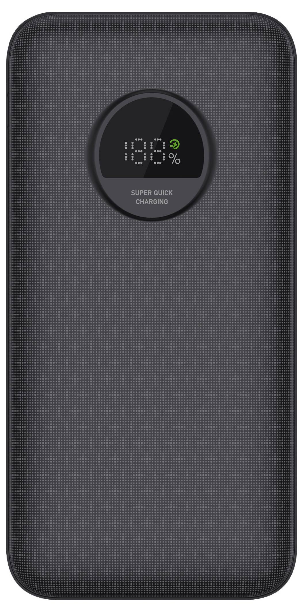 Eine graue Powerbank mit einem digitalen Display, das '100%' und 'Super Quick Charging' zeigt.