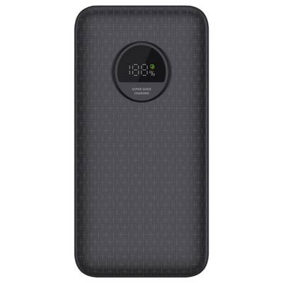 Eine graue Powerbank mit einem digitalen Display, das '100%' und 'Super Quick Charging' zeigt.