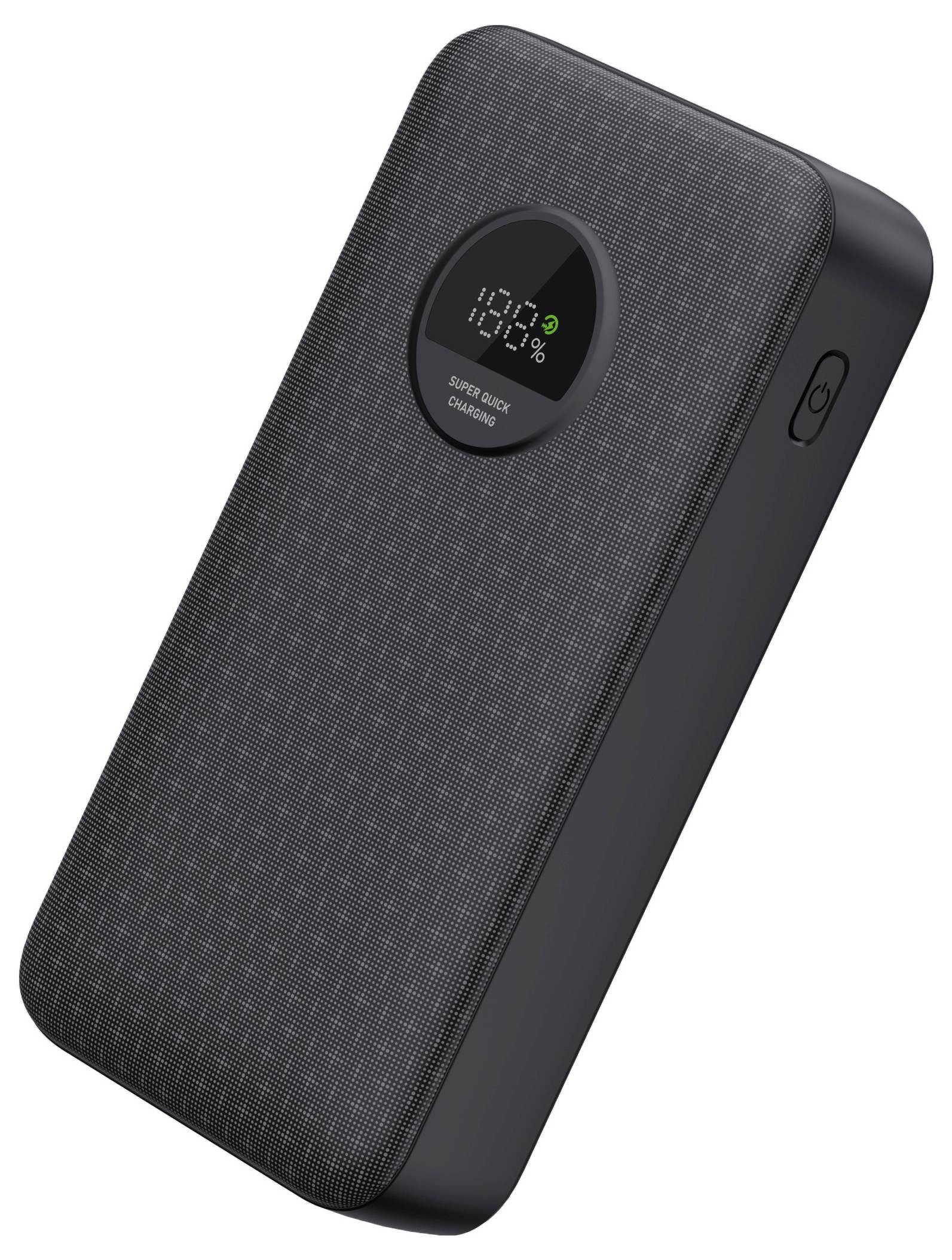 Eine tragbare Powerbank mit digitaler Anzeige von '100%', schwarzem Gehäuse und gerundeten Kanten, zeigt den Ladezustand an.