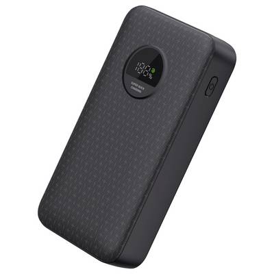 Eine tragbare Powerbank mit digitaler Anzeige von '100%', schwarzem Gehäuse und gerundeten Kanten, zeigt den Ladezustand an.
