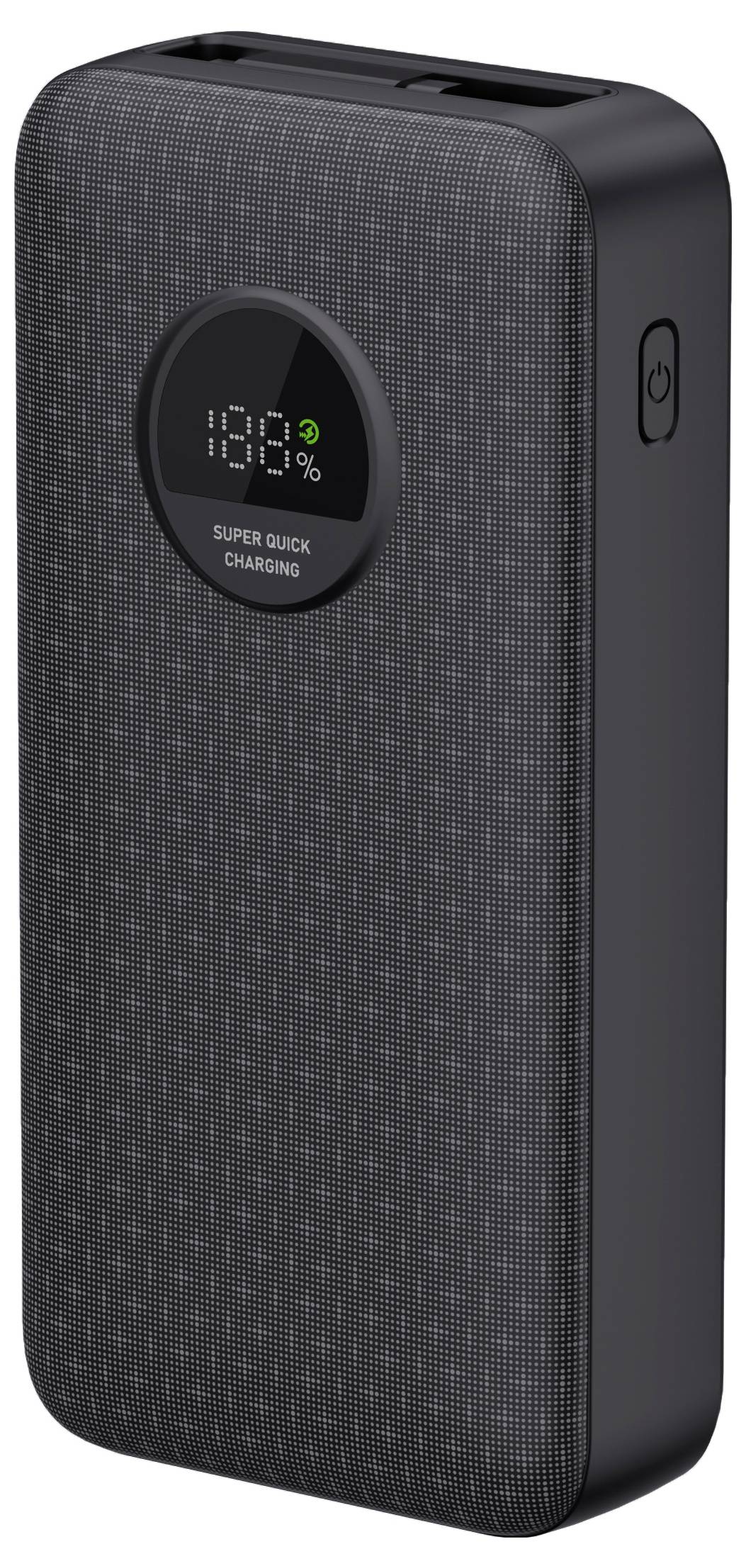 Eine schwarze Powerbank mit digitalem Display zeigt 100 % Akkustand an. Text auf der Vorderseite: 'Super Quick Charging'.