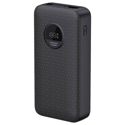 Eine schwarze Powerbank mit digitalem Display zeigt 100 % Akkustand an. Text auf der Vorderseite: 'Super Quick Charging'.