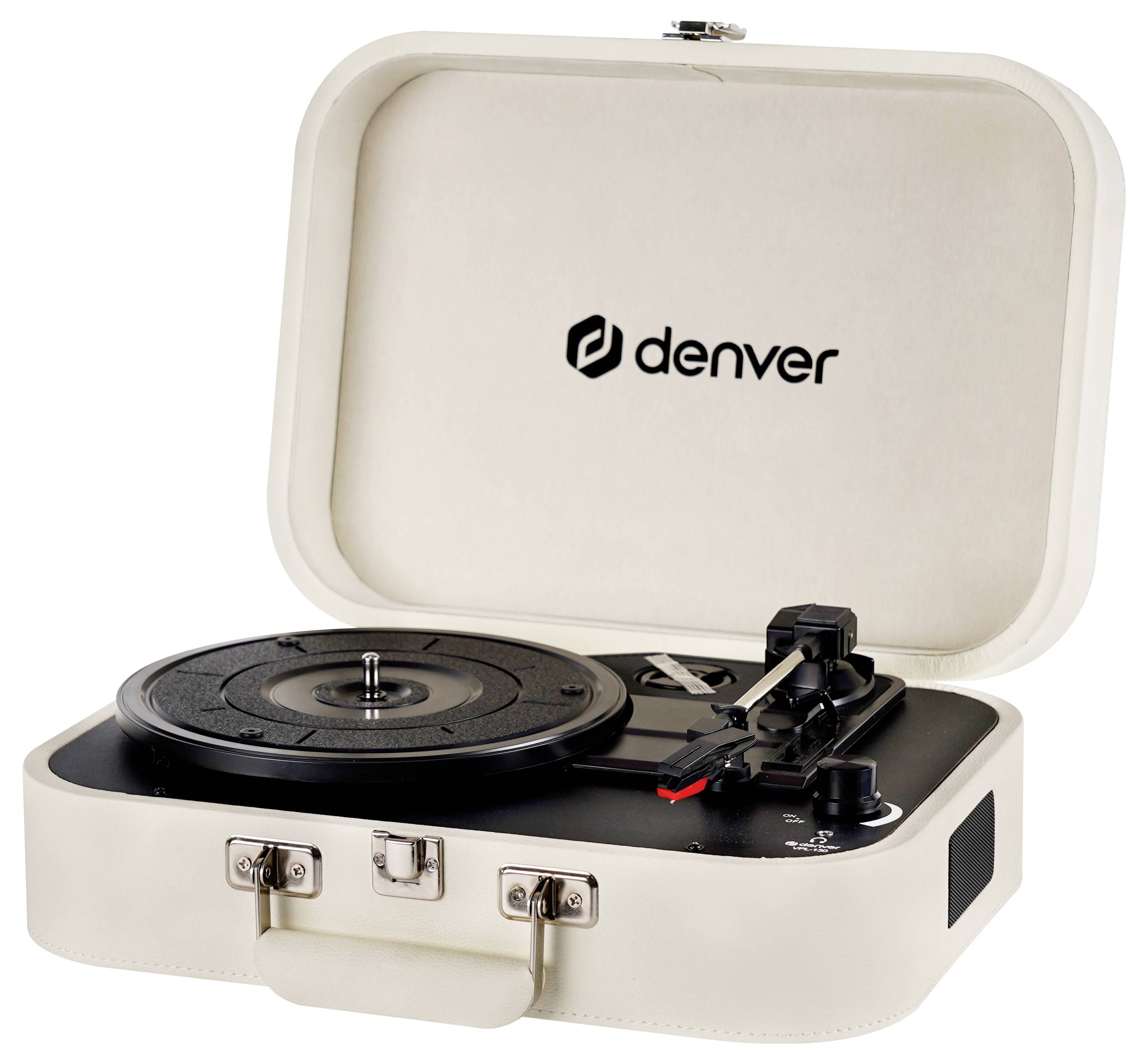 Tragbarer Plattenspieler im Retro-Design mit geschlossenem Koffer, schwarzem Plattenteller und Tonarm. Marke 'Denver' auf der Innenseite.
