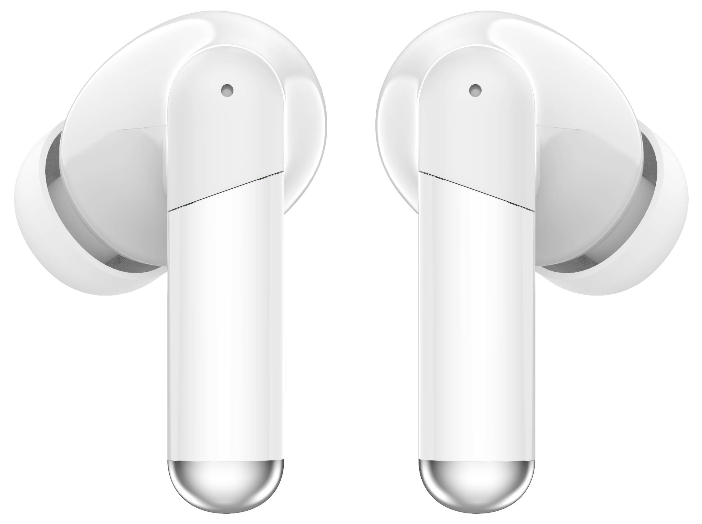 Weiße, kabellose In-Ear-Kopfhörer mit glänzenden Metallakzenten. Zeigen beide Seitenansichten, geeignet für tragbare Audioabspielgeräte.