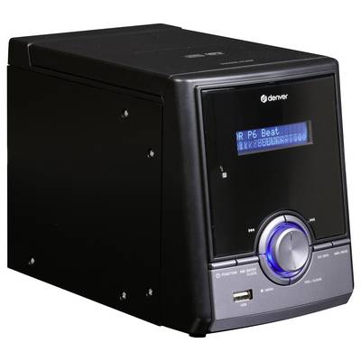 Schwarzes, rechteckiges Audiogerät mit digitalem Display und blauer, zentraler Lautstärkeregler-Taste. Markenname oben sichtbar.