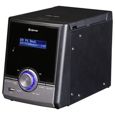 Ein schwarzes Musiksystem mit digitalem Display zeigt 'DR P6 Beat'. Es gibt mehrere Tasten und einen großen Drehknopf zur Steuerung.