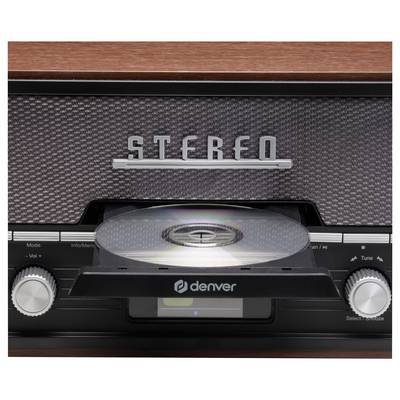 Ein CD-Player mit der Aufschrift 'STEREO' zeigt eine eingelegte CD. Der Markenname 'Denver' ist auf der Vorderseite sichtbar.