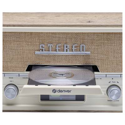 Ein Retro-Stereo-System mit einem eingelegten CD-Player, Markenlogo 'denver' sichtbar, umgeben von holzverkleideter Oberfläche.