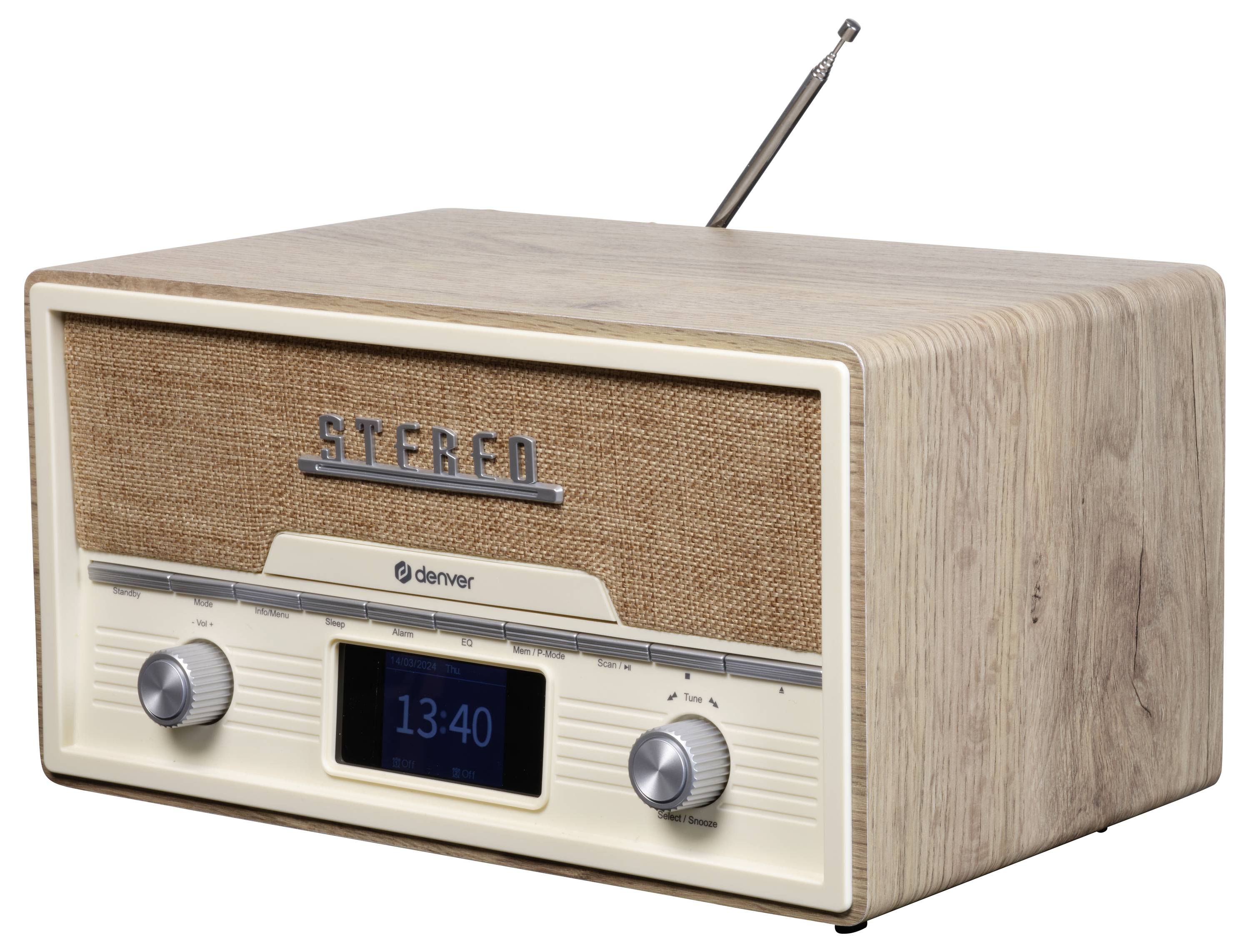 Ein Retro-Radio mit Holzgehäuse, Bedienknöpfen und Antenne. Zeigt die Uhrzeit '13:40' auf einem digitalen Display an.