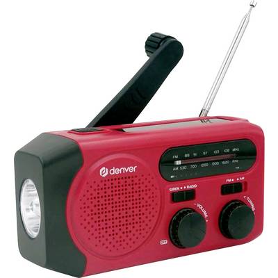 Rotes tragbares Radio mit Handkurbel, Lautsprecher, zwei Drehknöpfen und ausziehbarer Antenne, geeignet für Notfallsituationen.