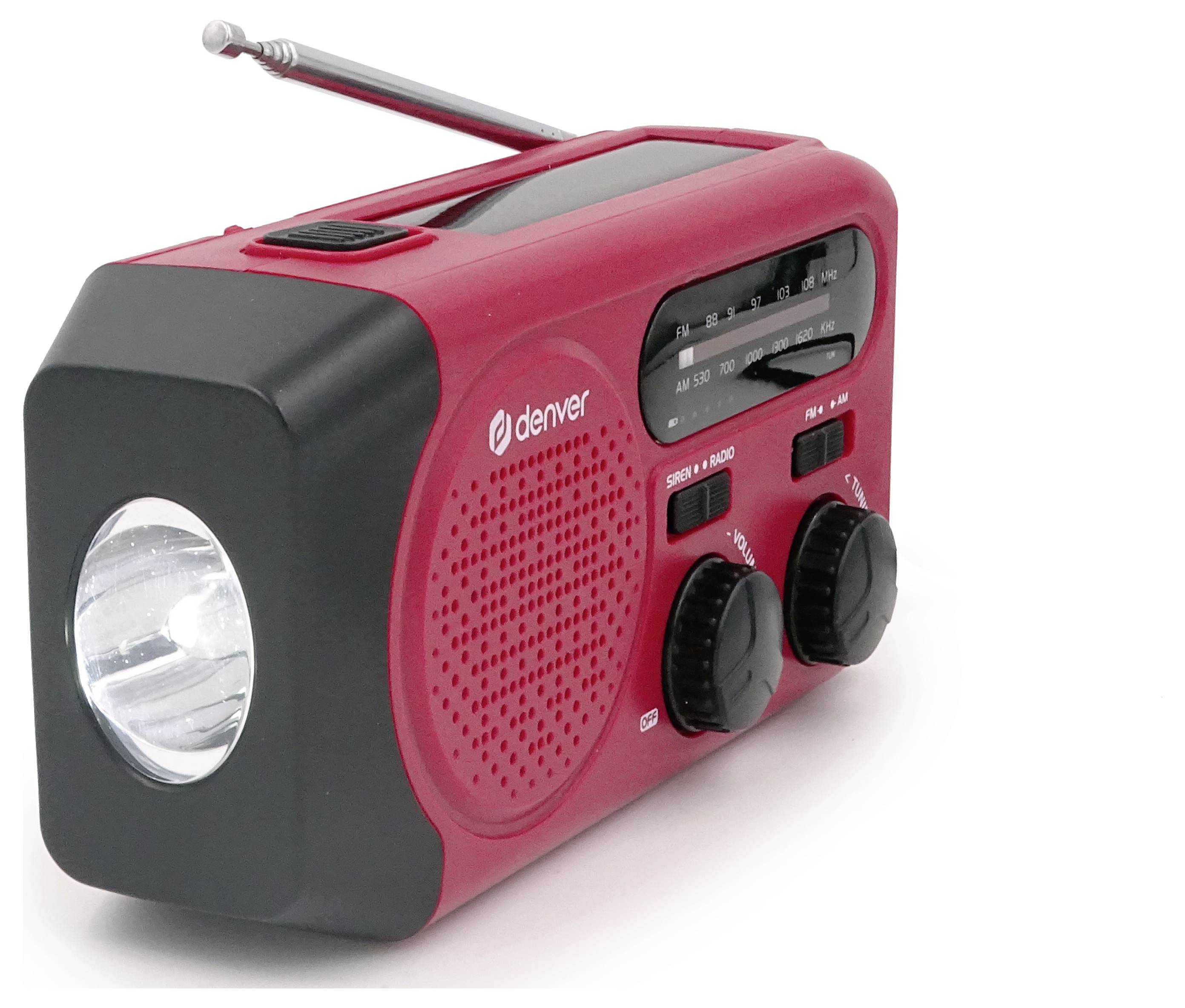 Ein tragbares, rotes Radio mit Kurbel, Solarzelle und eingebauter Taschenlampe. Es hat Drehknöpfe für Lautstärke und Frequenz.