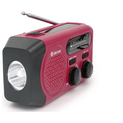 Ein tragbares, rotes Radio mit Kurbel, Solarzelle und eingebauter Taschenlampe. Es hat Drehknöpfe für Lautstärke und Frequenz.