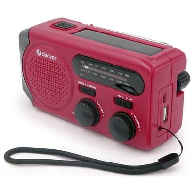 Rotes tragbares Radio mit Kurbel, Lautsprechern, Tuning- und Lautstärkeregler, zeigt AM/FM-Frequenzen an, hat eine schwarze Handschlaufe.