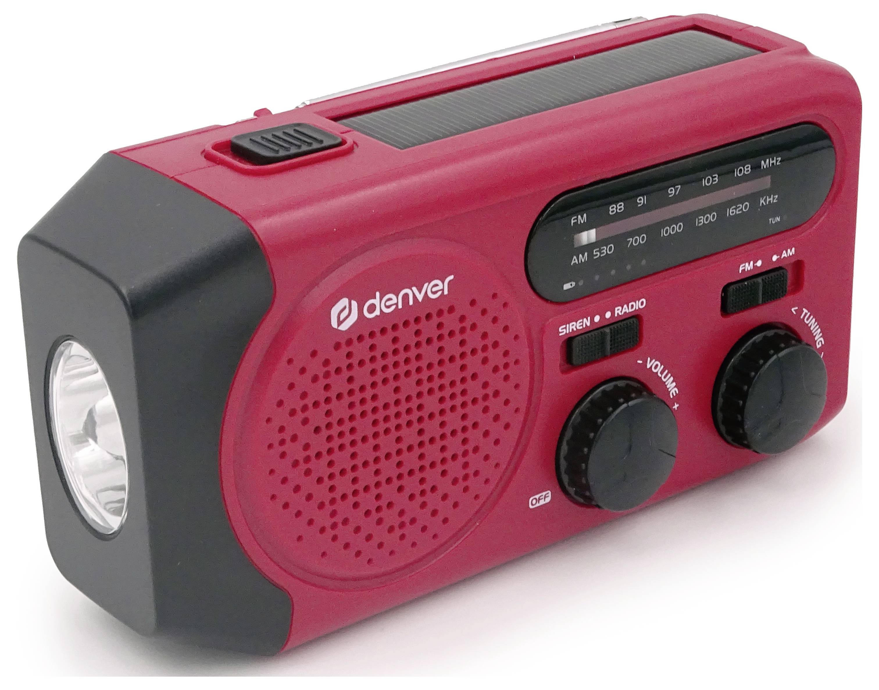 'Rotes tragbares Radio mit eingebauter Taschenlampe und Solarpanel. Zwei Drehknöpfe zur Einstellung von Lautstärke und Frequenz.'