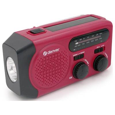 'Rotes tragbares Radio mit eingebauter Taschenlampe und Solarpanel. Zwei Drehknöpfe zur Einstellung von Lautstärke und Frequenz.'
