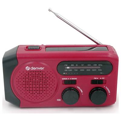 Ein rotes tragbares Radio mit Teleskopantenne. Es hat FM/AM-Band, Lautstärkeregler und Sendersuchknopf. Markenname auf der Vorderseite.