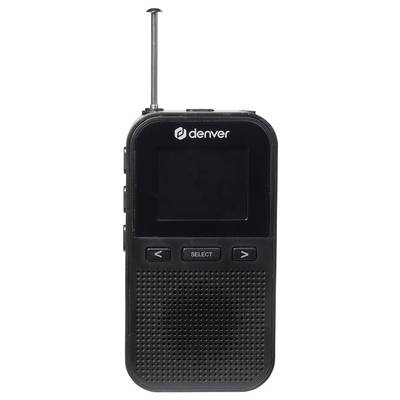 Tragbares schwarzes Radio mit Antenne, Bildschirm und Bedientasten.